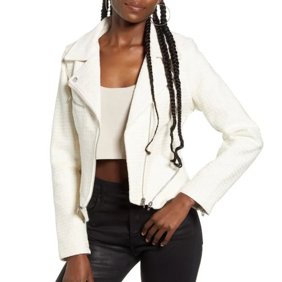 NWT BLANKNYC Tweed Fitted Zipper Moto Jacket in Off-White - Picture 4 of 12